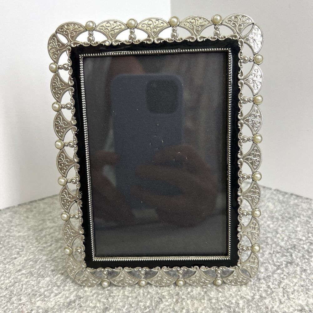 Metal Oriental Fan Design Pearl Accent Photo Picture Frame 6.5”x4.5” (3x5 Pic)